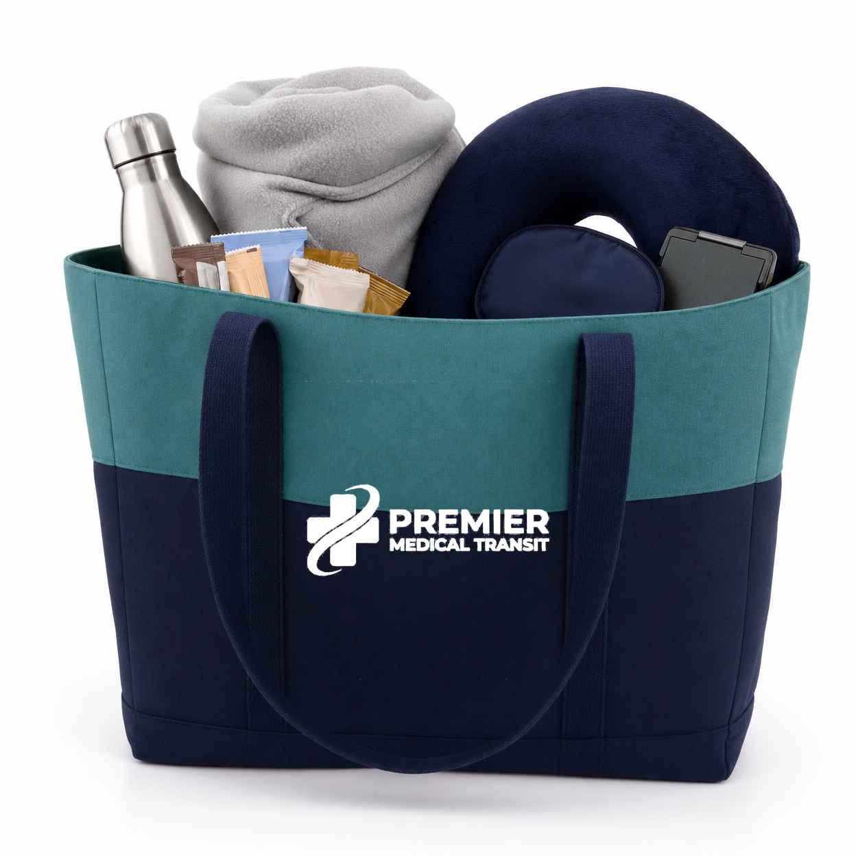 Premium Dialysis Go-Bag - teal and navy combo tote with Premier Medical Transit logo